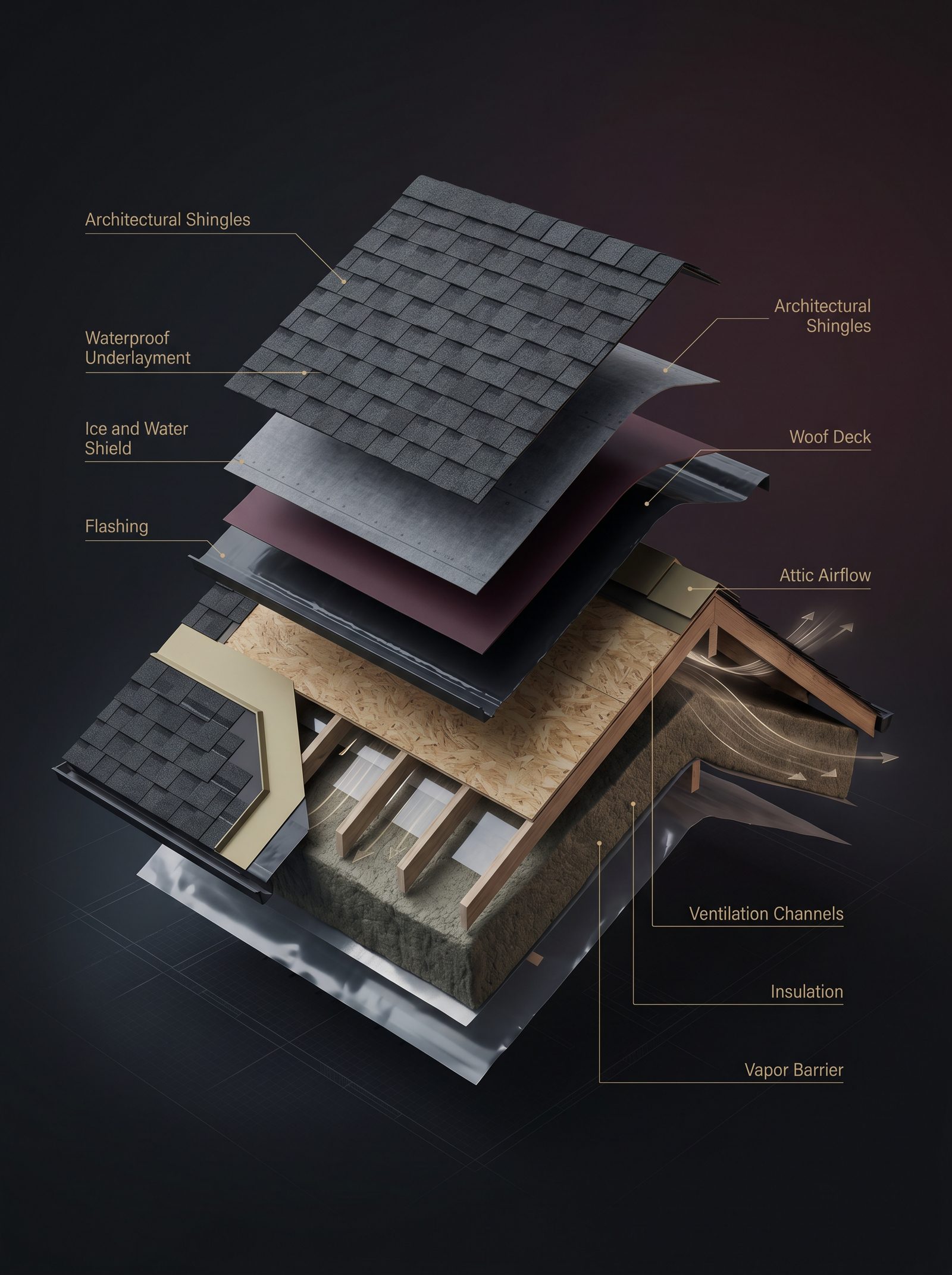 Cutaway diagram of a properly built roof — architectural shingles, waterproof underlayment, ice and water shield, flashing, roof deck, attic airflow, ventilation channels, insulation and vapor barrier.